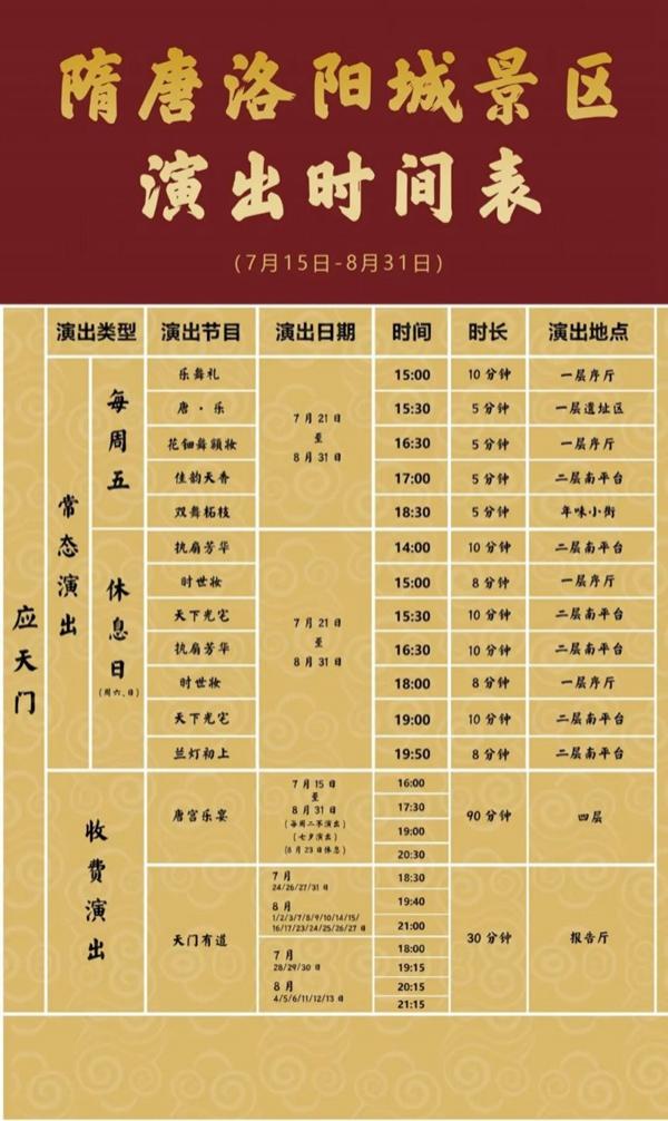 隋唐洛阳城演出时间表2023(应天门+明堂天堂+九州池)（演出时间表攻略）